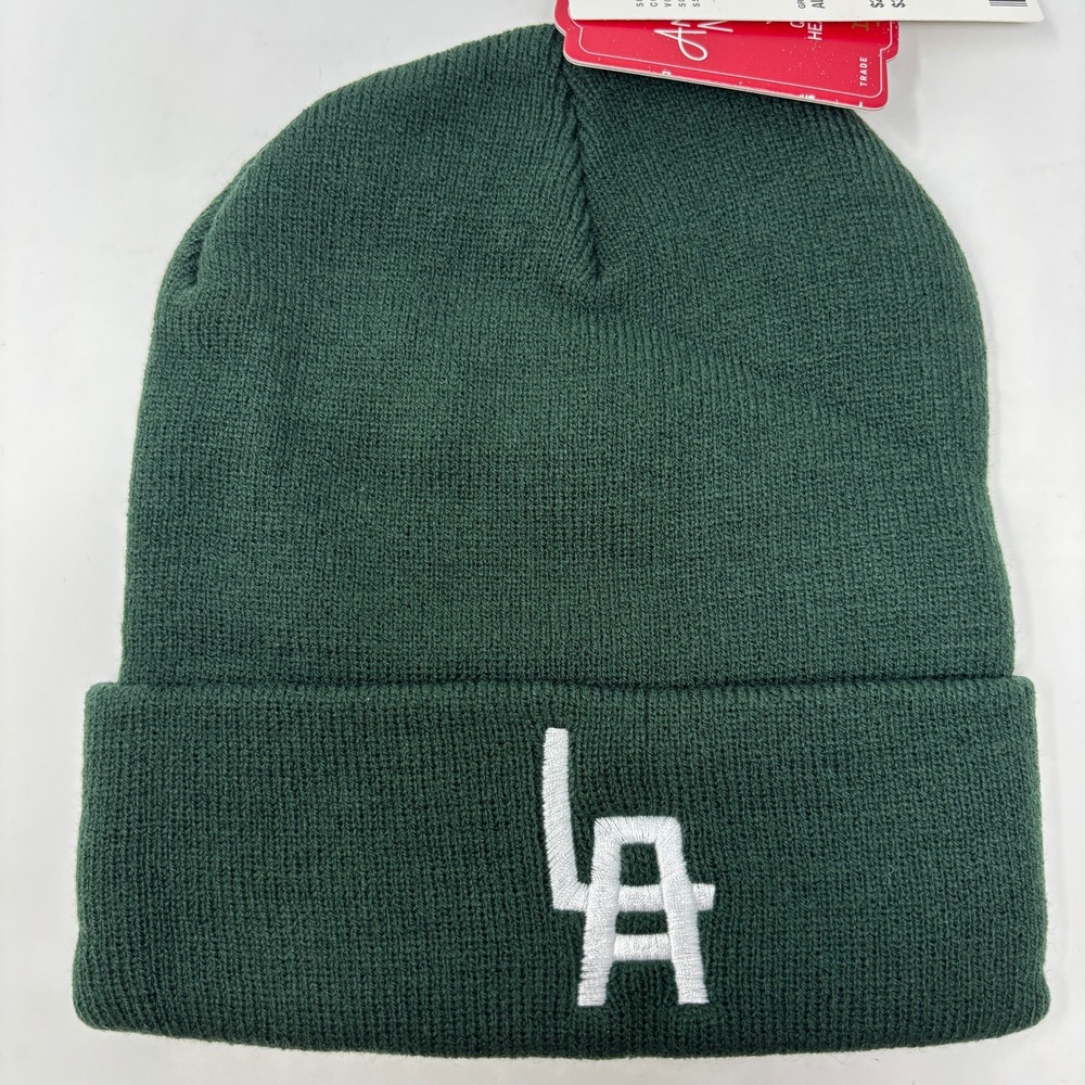 American Needle LA Terrain Green Knit Beanie Hat White Embroidered Logo Sporty